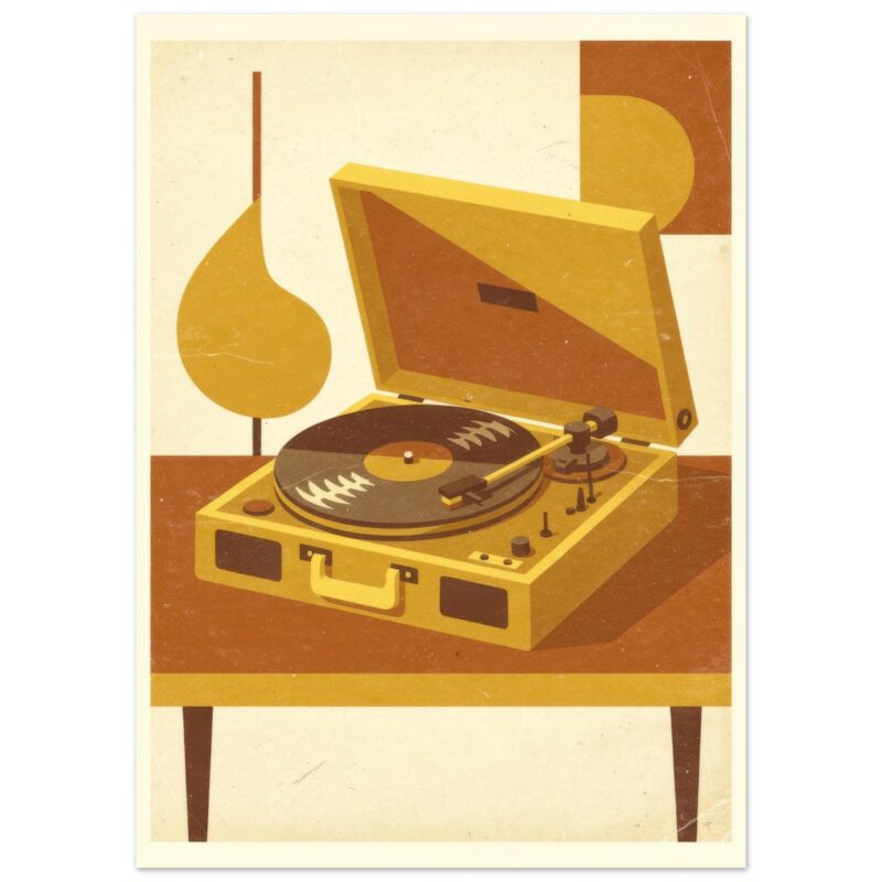 Retro illustration of a yellow portable record player with speaker on a brown table against a cream background, featuring mid-century modern geometric design.