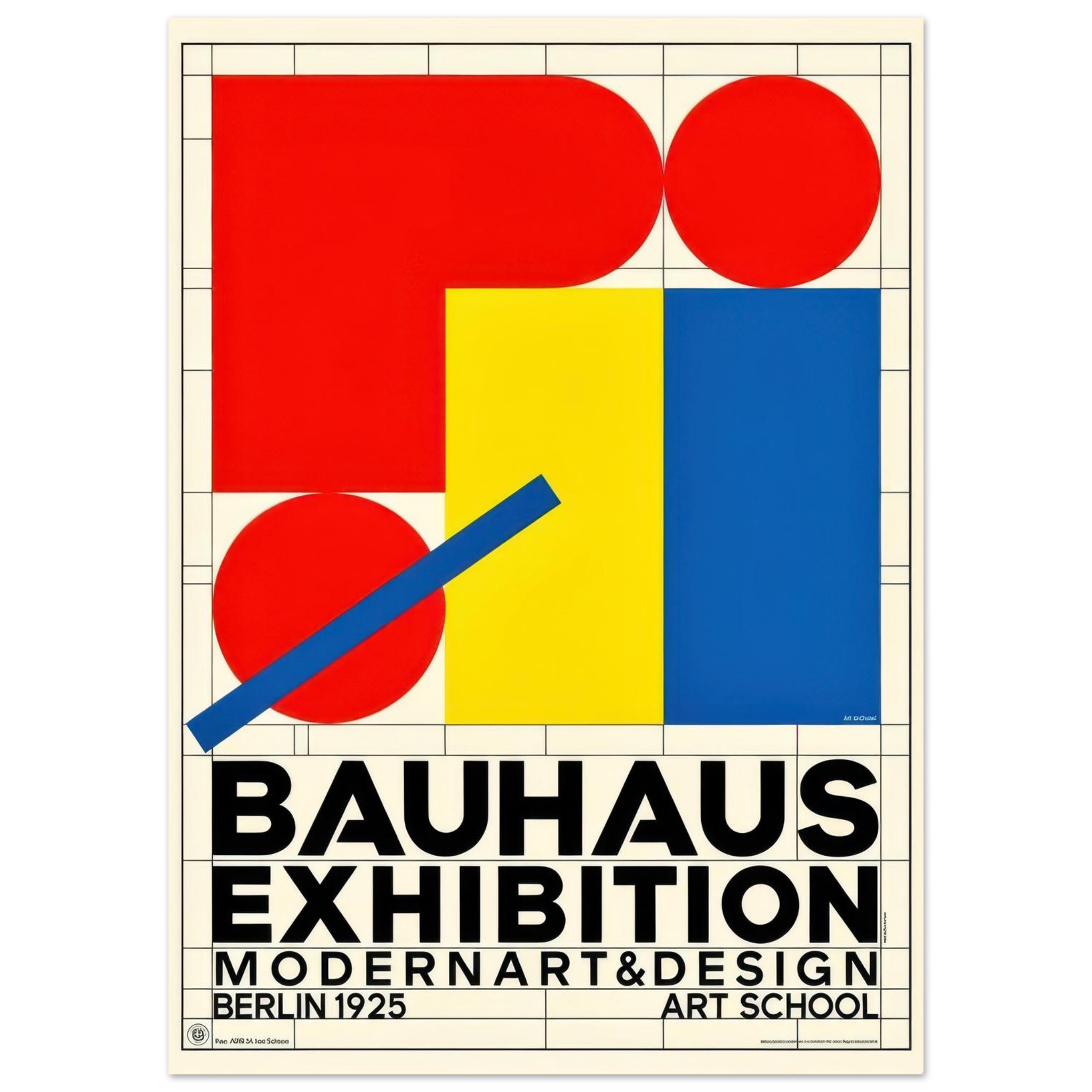 Bauhaus Exhibition poster featuring bold geometric shapes in red, yellow, and blue with diagonal line, Berlin 1925 Art School.