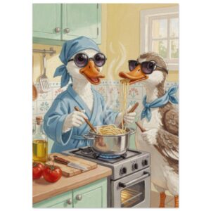 Two stylized ducks wearing sunglasses cook pasta together in a sunny kitchen with green cabinets and yellow walls.