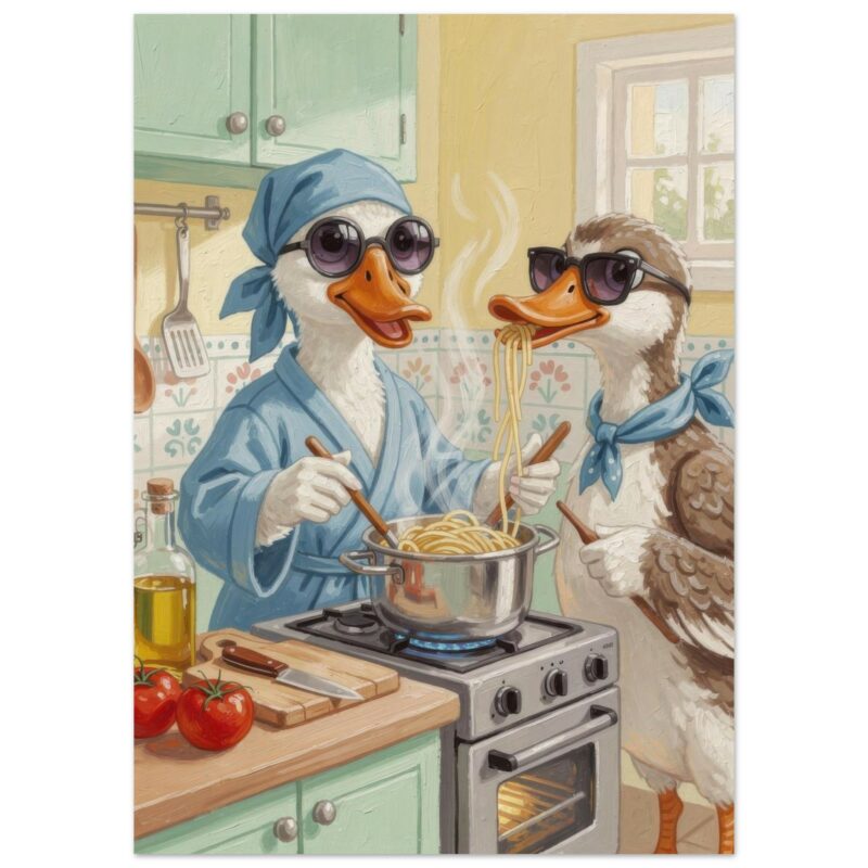 Two stylized ducks wearing sunglasses cook pasta together in a sunny kitchen with green cabinets and yellow walls.