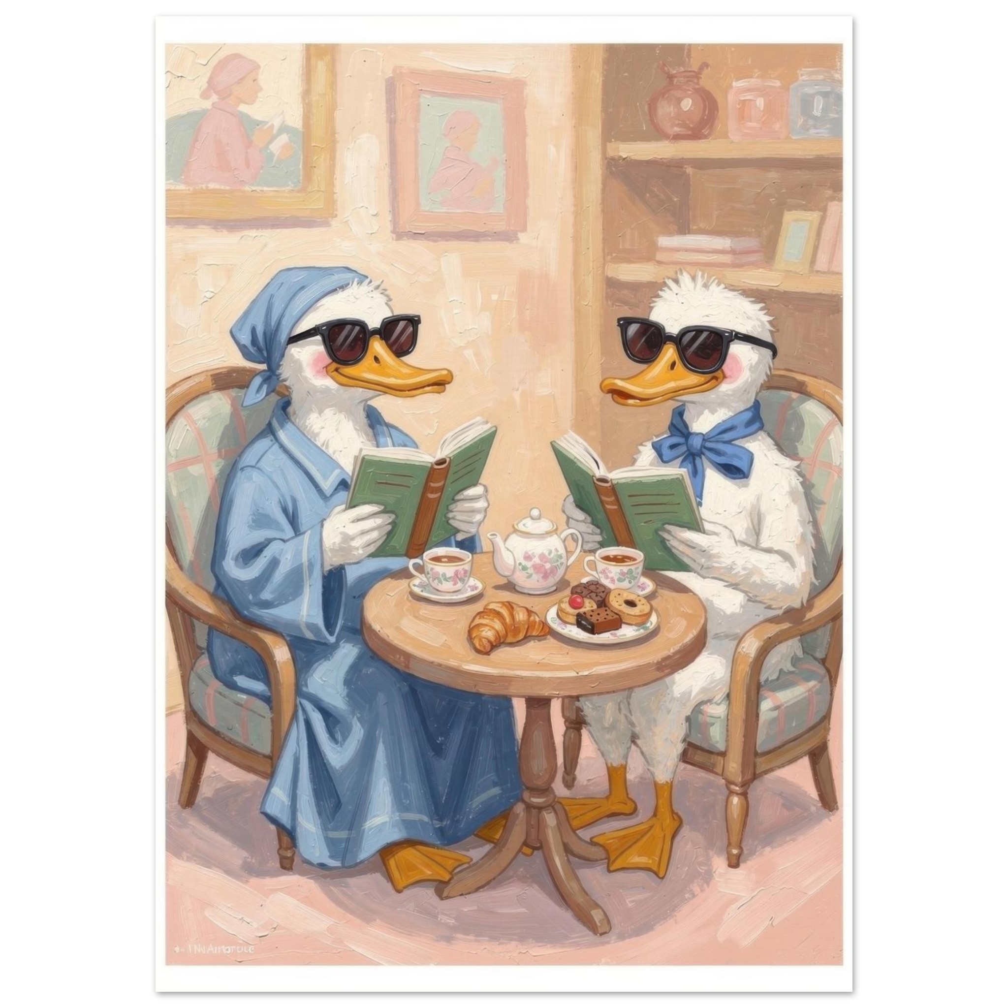 Two anthropomorphic ducks wearing sunglasses read books while having tea and pastries at a small table in a cozy, warmly-lit living room.