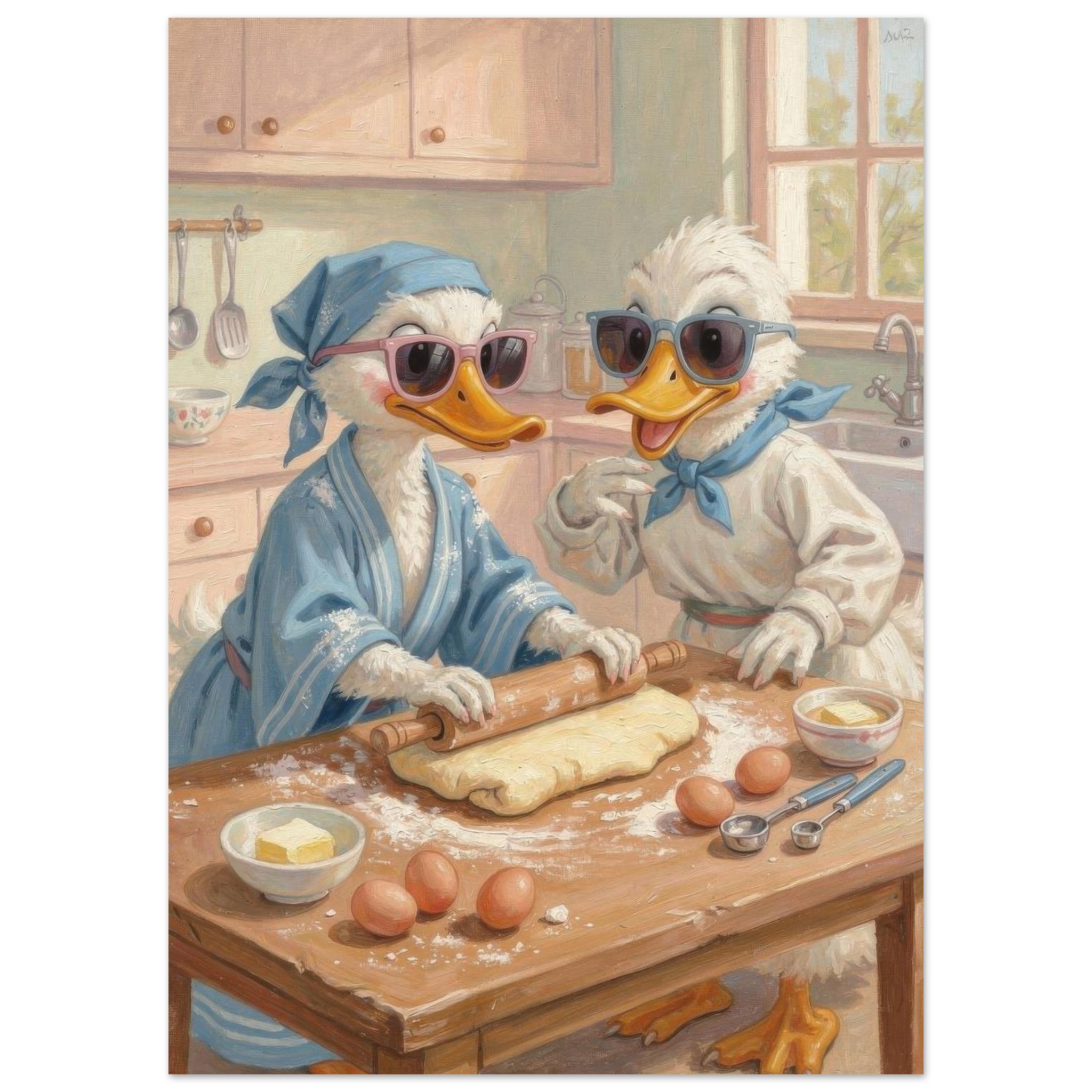 Two anthropomorphic ducks wearing sunglasses and blue bandanas bake together in a sunny kitchen, rolling dough on a wooden table surrounded by eggs and baking ingredients.