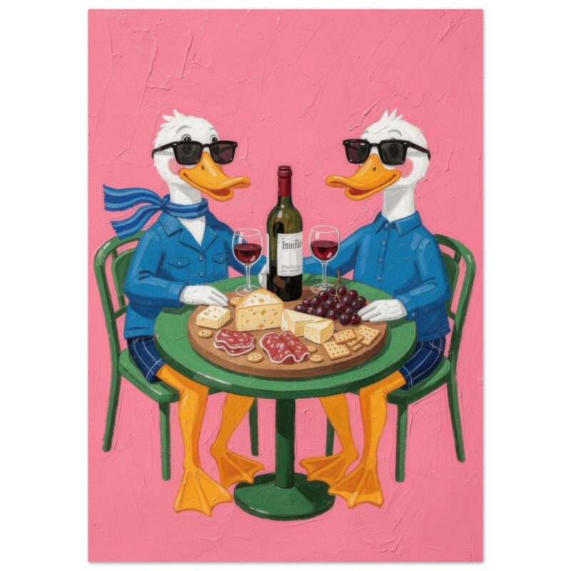 Two stylized ducks wearing sunglasses and blue shirts sit at a green table, sharing wine, cheese, crackers, and grapes against a pink background.