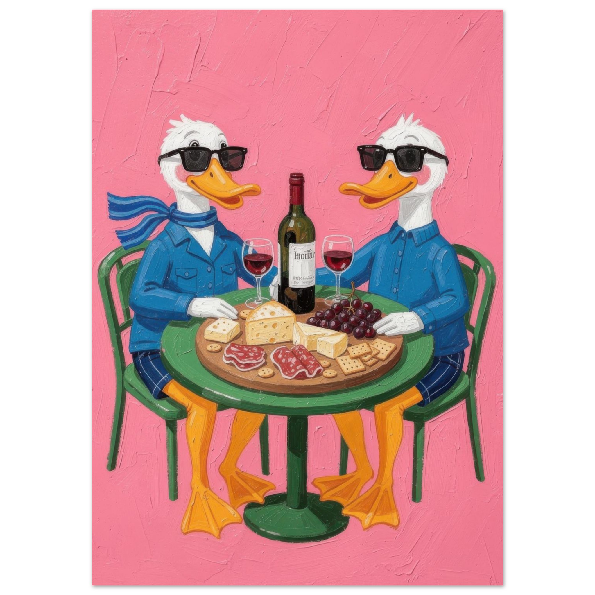Two stylized ducks wearing sunglasses and blue shirts sit at a green table, sharing wine, cheese, crackers, and grapes against a pink background.