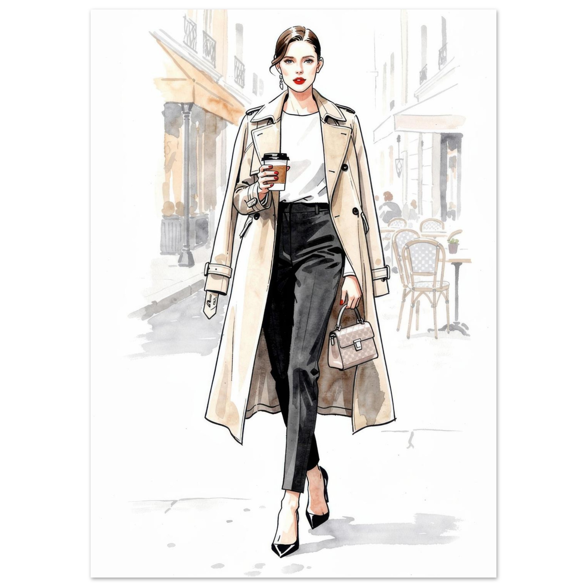 Stylized fashion illustration of a woman in a beige trench coat and black pants walking down a Parisian street with a coffee cup and handbag.
