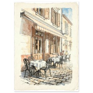 French Café Terrace Watercolor Painting | European Street Scene Wall Art Print