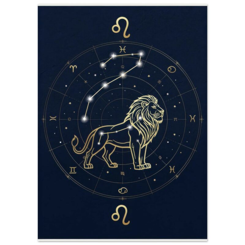 Zodiac wheel with Leo constellation and lion illustration centered, surrounded by golden astrological symbols on dark blue starry background.