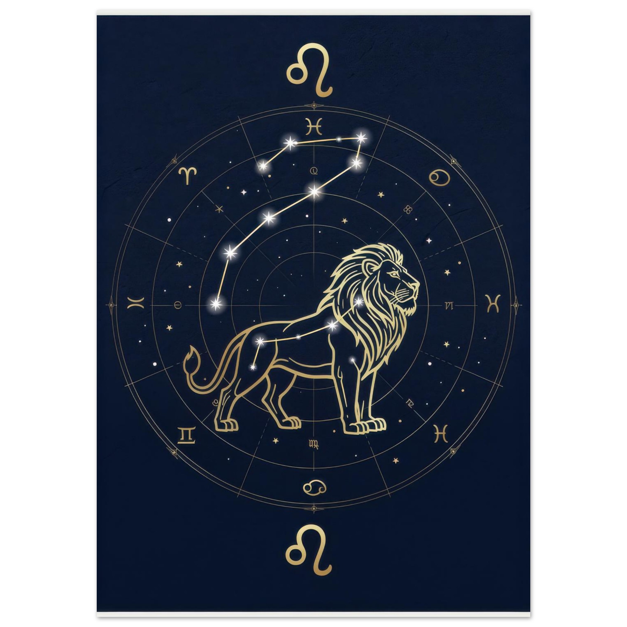 Zodiac wheel with Leo constellation and lion illustration centered, surrounded by golden astrological symbols on dark blue starry background.