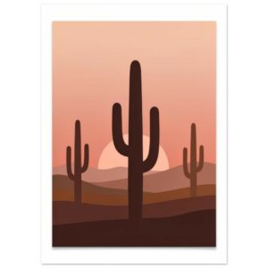 Desert sunset illustration featuring silhouetted saguaro cacti against a gradient peachy sky with a pale sun on the horizon.