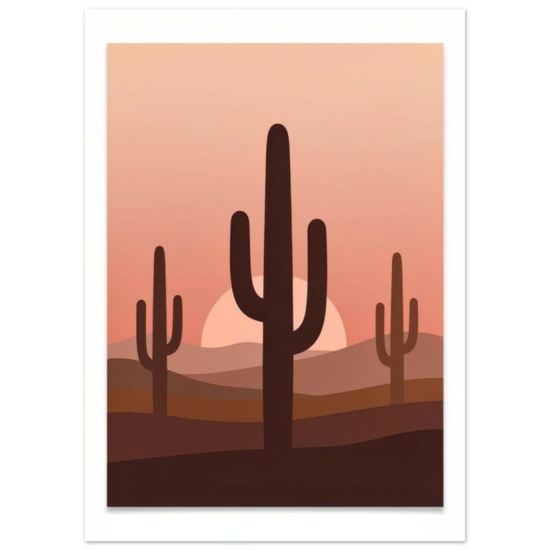 Desert sunset illustration featuring silhouetted saguaro cacti against a gradient peachy sky with a pale sun on the horizon.