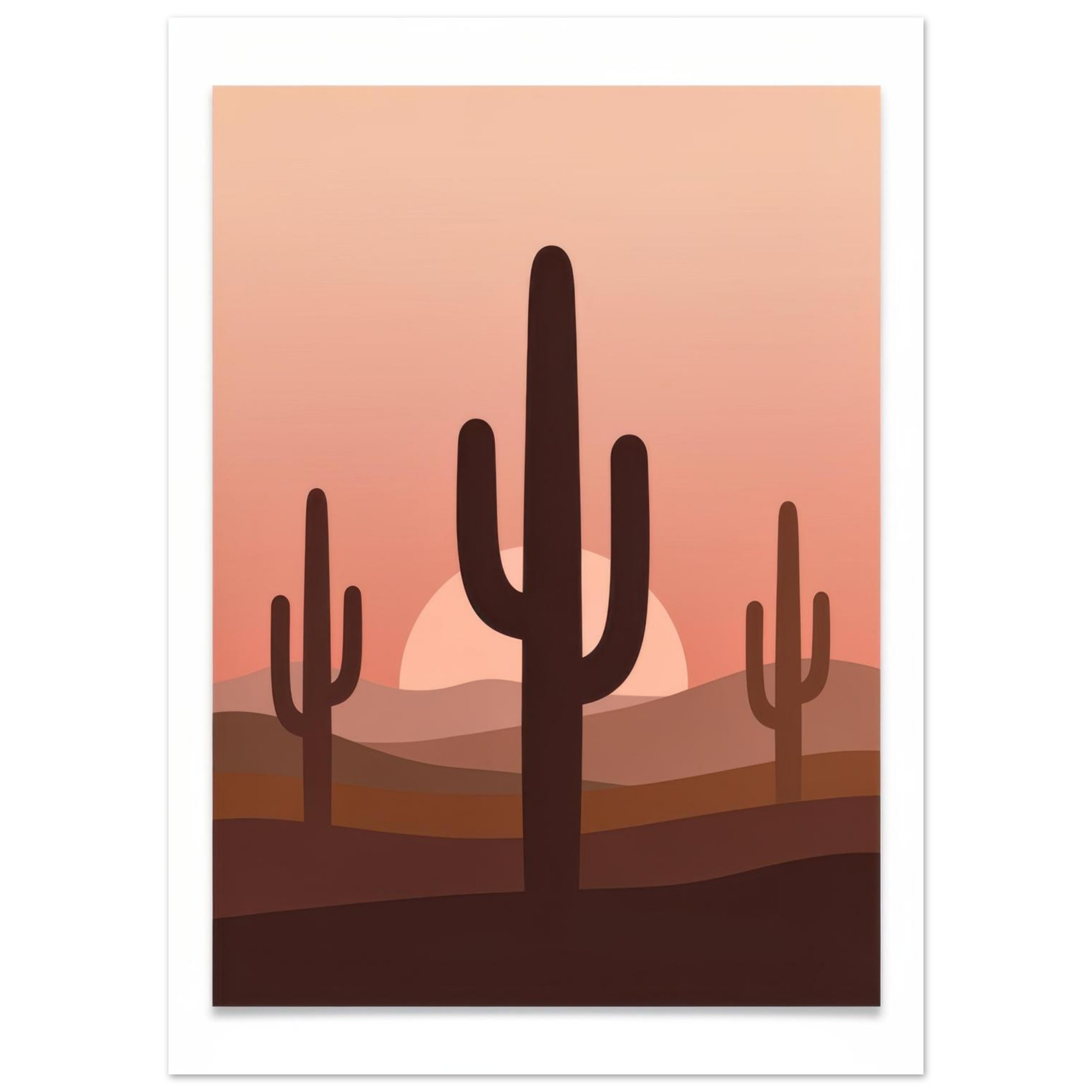 Desert sunset illustration featuring silhouetted saguaro cacti against a gradient peachy sky with a pale sun on the horizon.