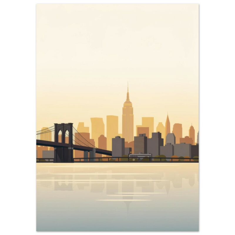 New York City skyline illustration featuring the Brooklyn Bridge, Empire State Building, and Manhattan skyscrapers at sunset with water reflection.