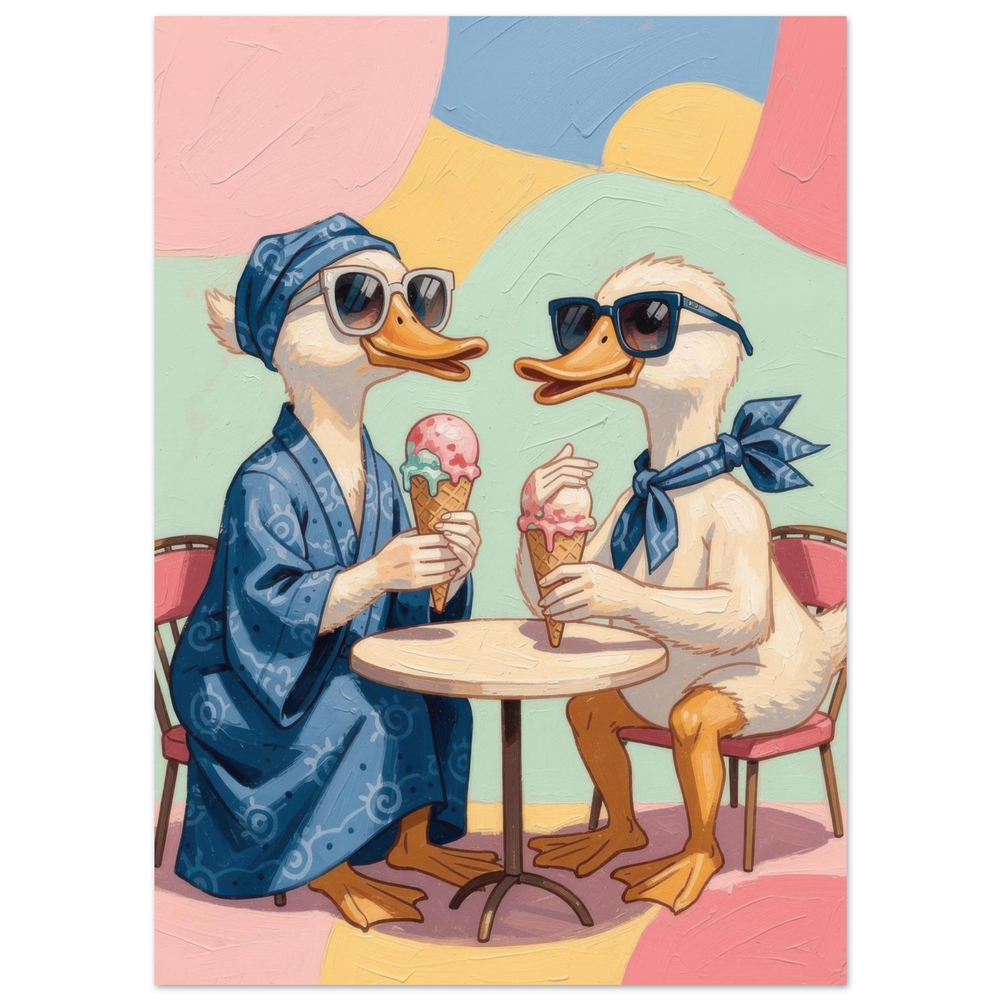 Two anthropomorphic ducks wearing sunglasses and bandanas enjoy ice cream cones at a small table in a colorful, vibrant setting.