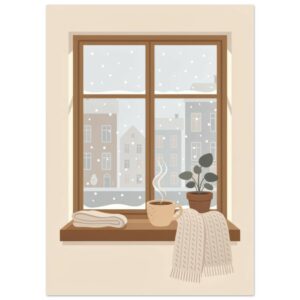 Cozy winter window scene with steaming mug, folded blanket, potted plant, and snowy cityscape view through brown wooden frame.