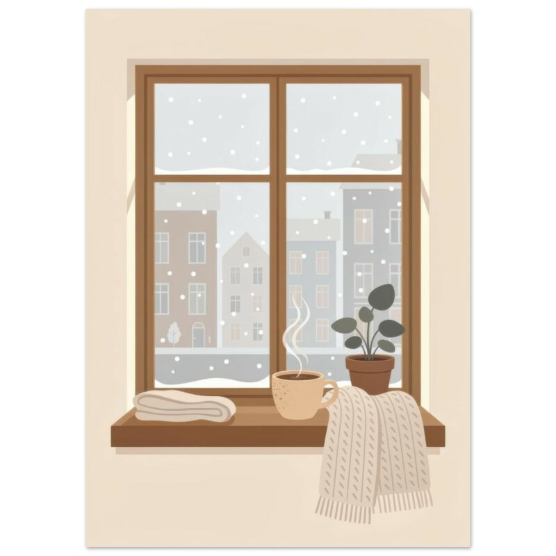 Cozy winter window scene with steaming mug, folded blanket, potted plant, and snowy cityscape view through brown wooden frame.