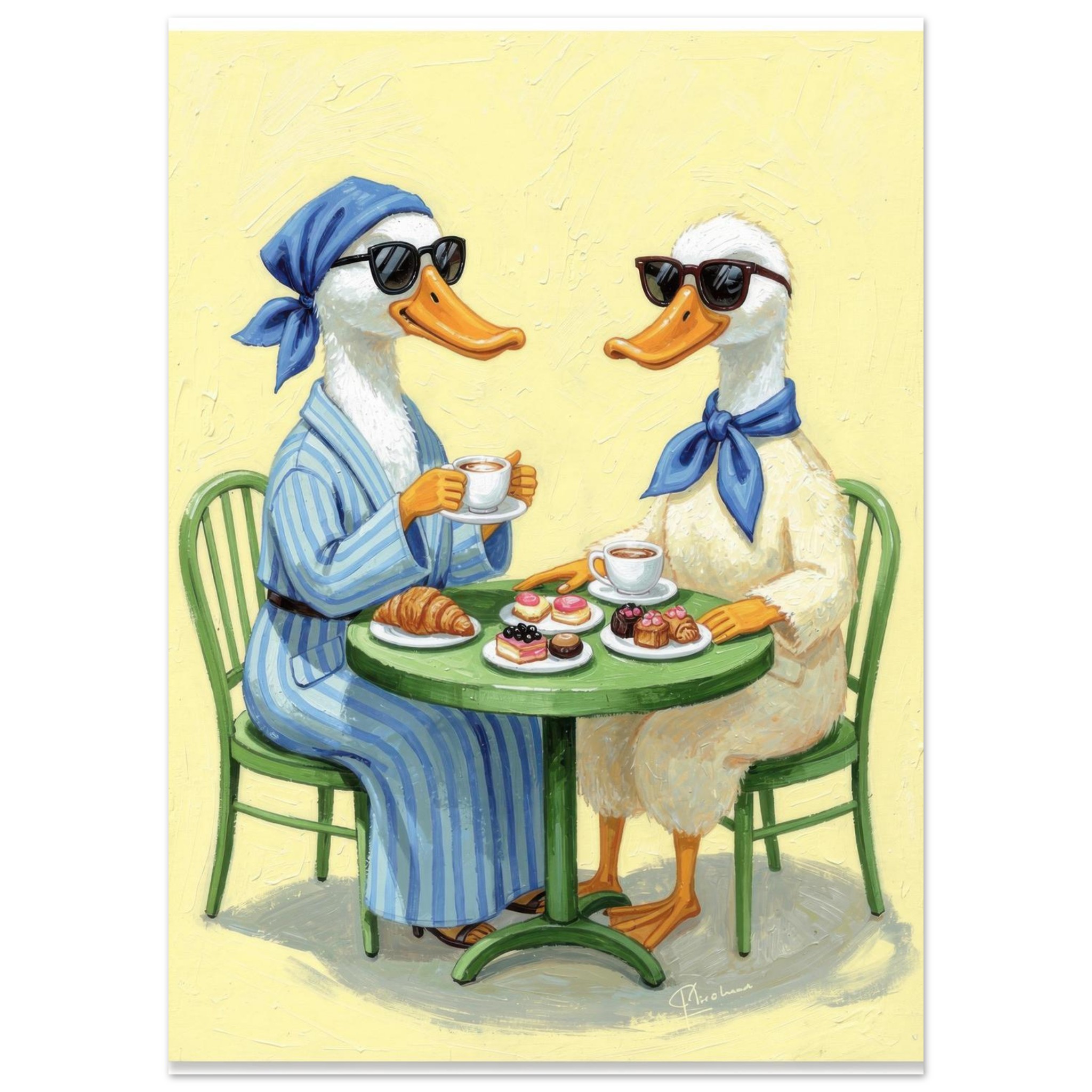 Two anthropomorphic ducks wearing sunglasses and bandanas share tea and pastries at a green table against a yellow background.