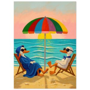 Two anthropomorphic ducks relax in beach chairs under a colorful striped umbrella on a sandy shore with turquoise water behind them.
