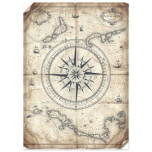 Vintage Nautical Compass Rose Map Wall Art Print - Antique Maritime Navigation Decor