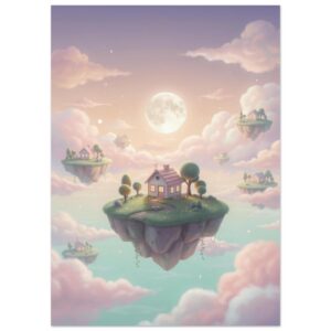 Dreamy Floating Islands Fantasy Wall Art | Pastel Cloud Village with Full Moon Print