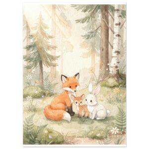 Woodland Animals Watercolor Nursery Wall Art - Fox Deer Bunny Forest Print