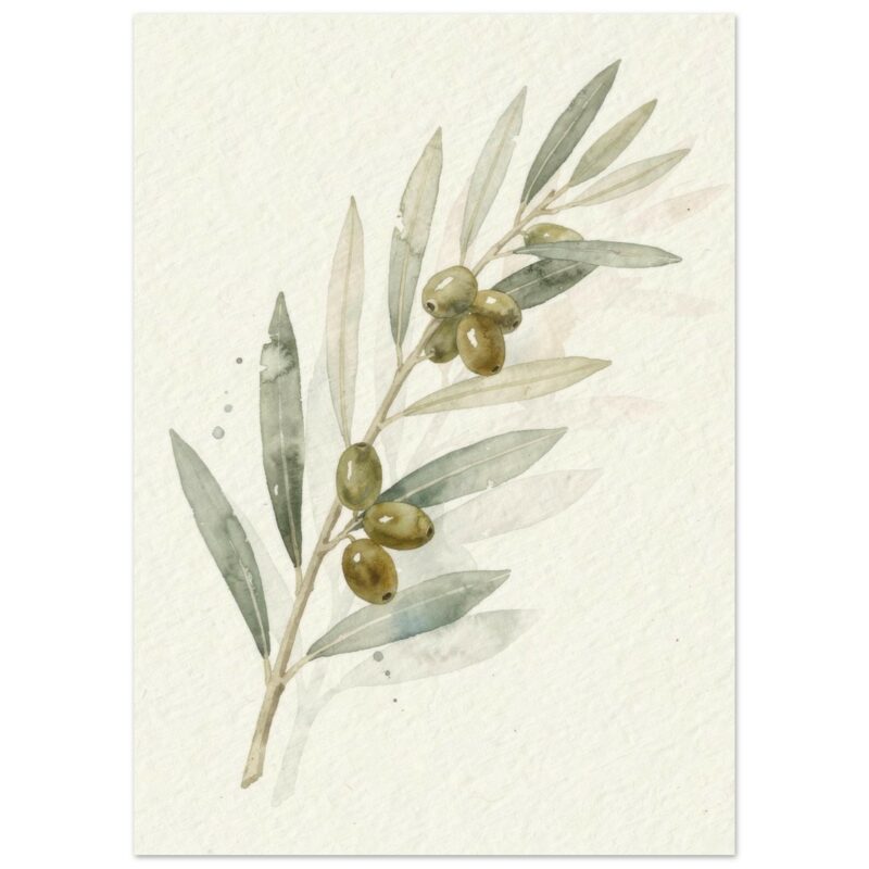 Watercolor botanical illustration of an olive branch with green leaves and golden-brown olives against a cream background.