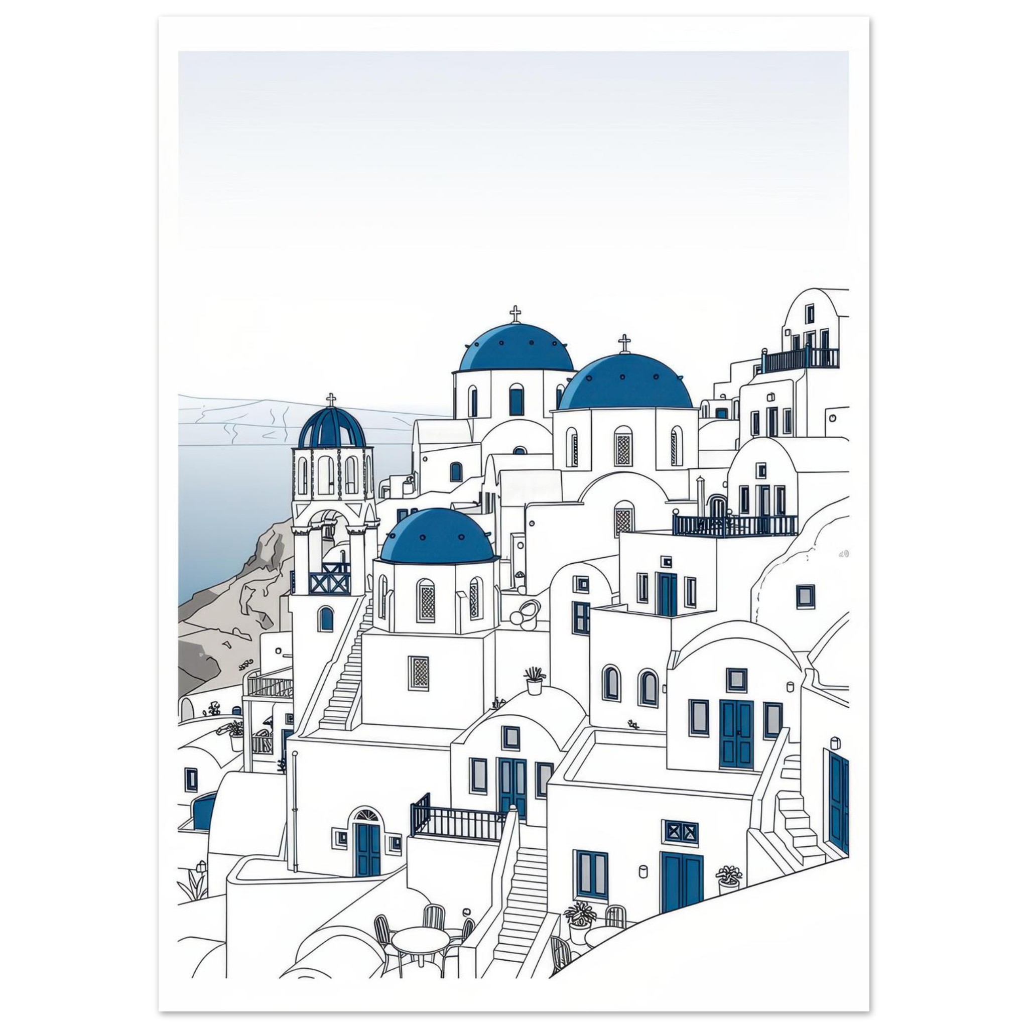 Illustrated coastal village with white-washed buildings, blue-domed churches, and seaside cliffs in Mediterranean architectural style.