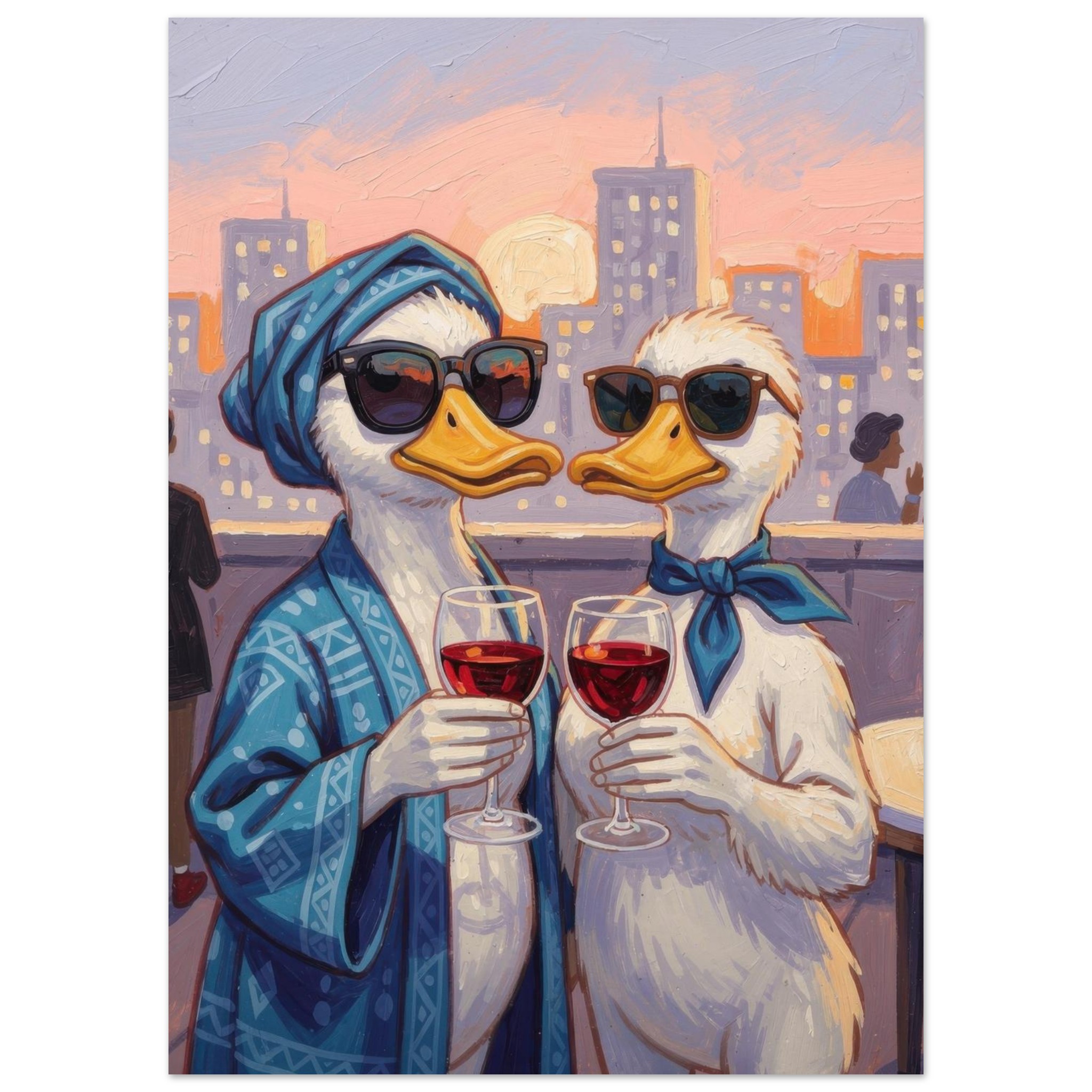 Two anthropomorphic ducks wearing sunglasses toast with red wine glasses on a rooftop at sunset, with a city skyline in the background.