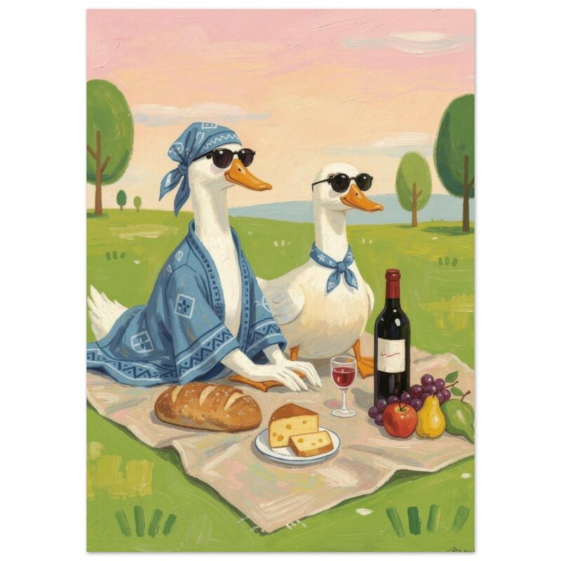 Two anthropomorphic ducks enjoy a picnic on a grassy hillside, wearing sunglasses and blue scarves, surrounded by bread, cheese, wine, and fresh fruit.