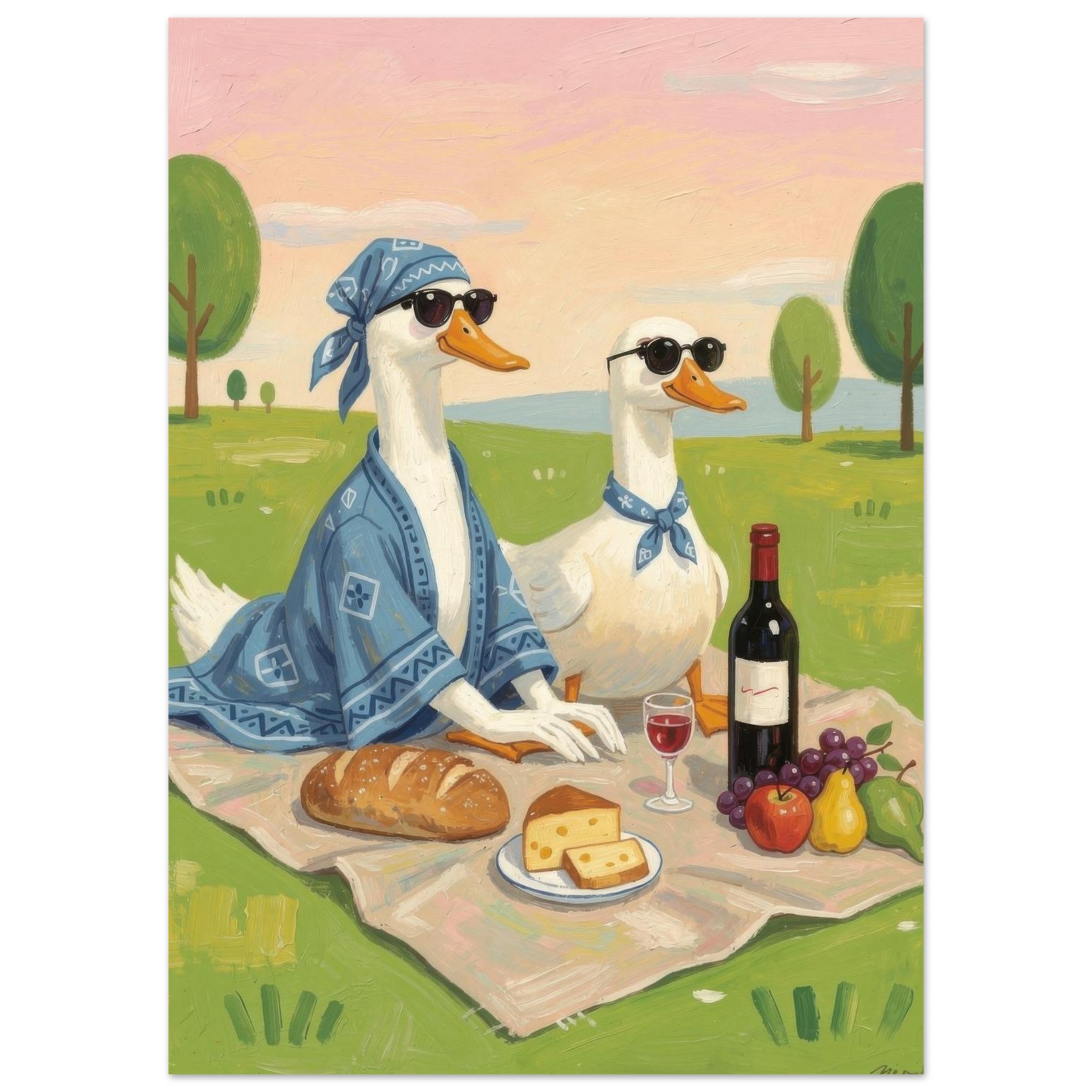 Two anthropomorphic ducks enjoy a picnic on a grassy hillside, wearing sunglasses and blue scarves, surrounded by bread, cheese, wine, and fresh fruit.