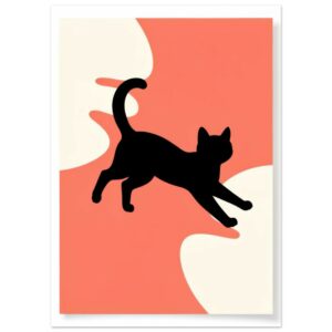 Black cat silhouette stretching mid-leap against a coral and cream abstract background in minimalist style.