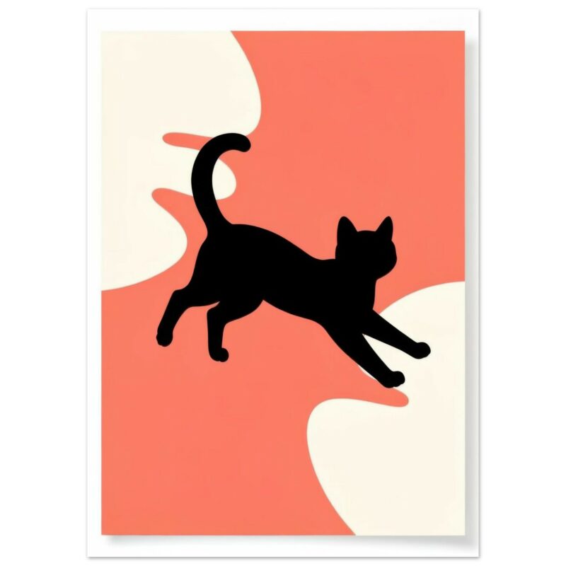 Black cat silhouette stretching mid-leap against a coral and cream abstract background in minimalist style.