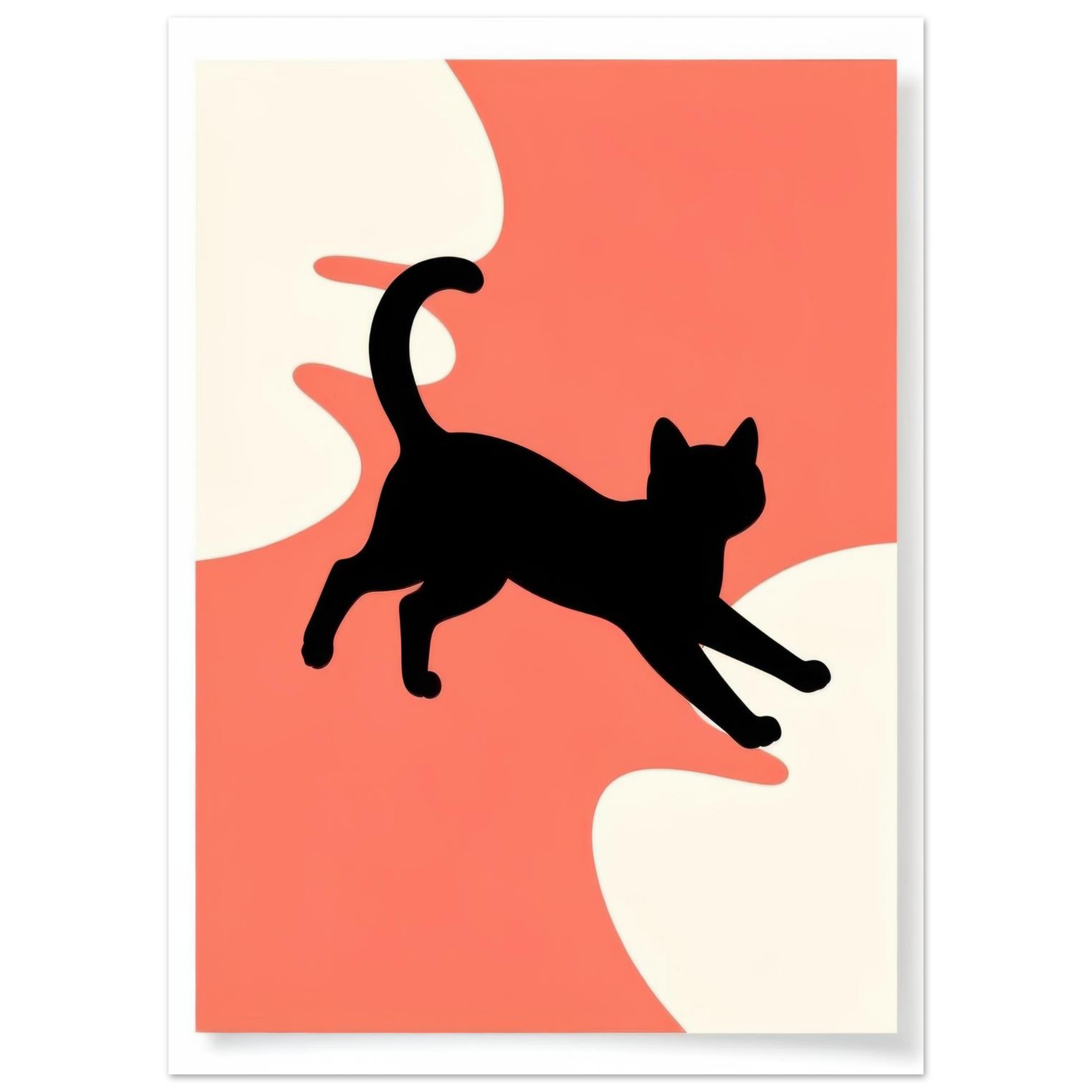 Black cat silhouette stretching mid-leap against a coral and cream abstract background in minimalist style.