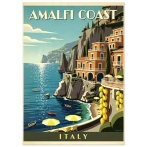 Vintage travel poster for Amalfi Coast, Italy, featuring orange buildings on cliffs, boats in turquoise water, yellow umbrellas, and lemon garlands.