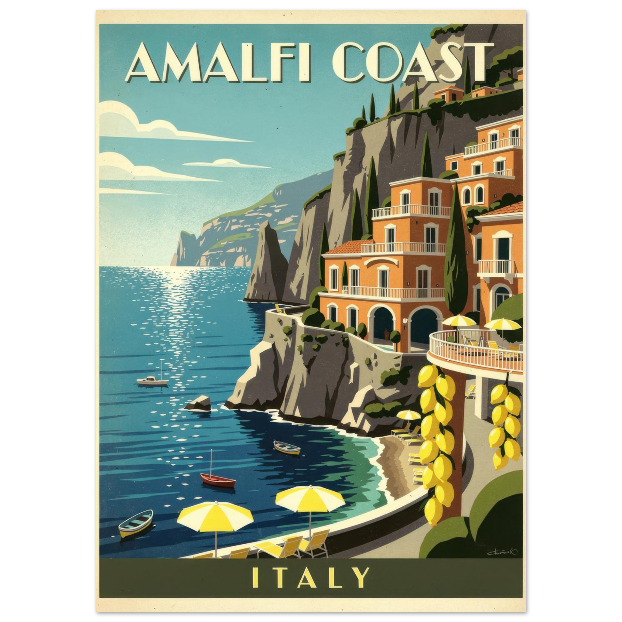 Vintage travel poster for Amalfi Coast, Italy, featuring orange buildings on cliffs, boats in turquoise water, yellow umbrellas, and lemon garlands.