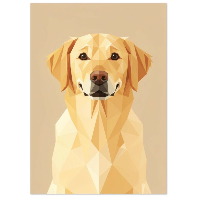 Geometric illustration of a yellow Labrador Retriever with angular, low-poly style design on a beige background.