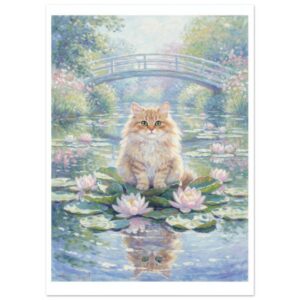 Cat in Monet's Garden Impressionist Wall Art Print - Water Lilies Cat Painting