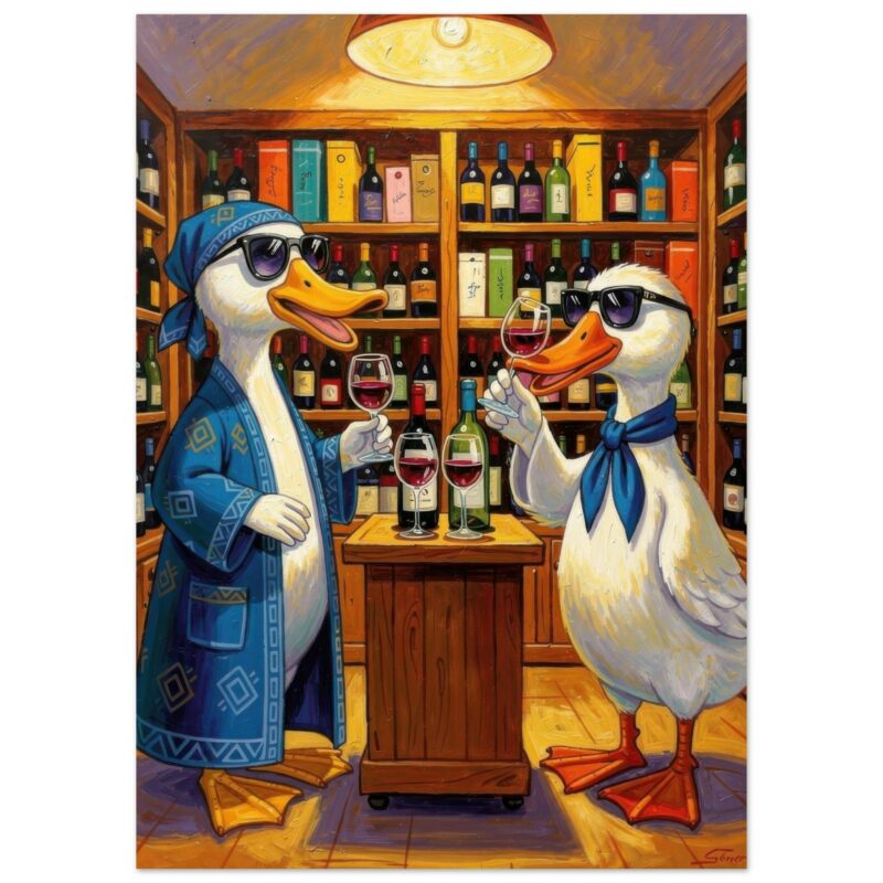 Two anthropomorphic ducks wearing sunglasses and scarves toast with wine glasses in a wooden wine cellar filled with bottles.