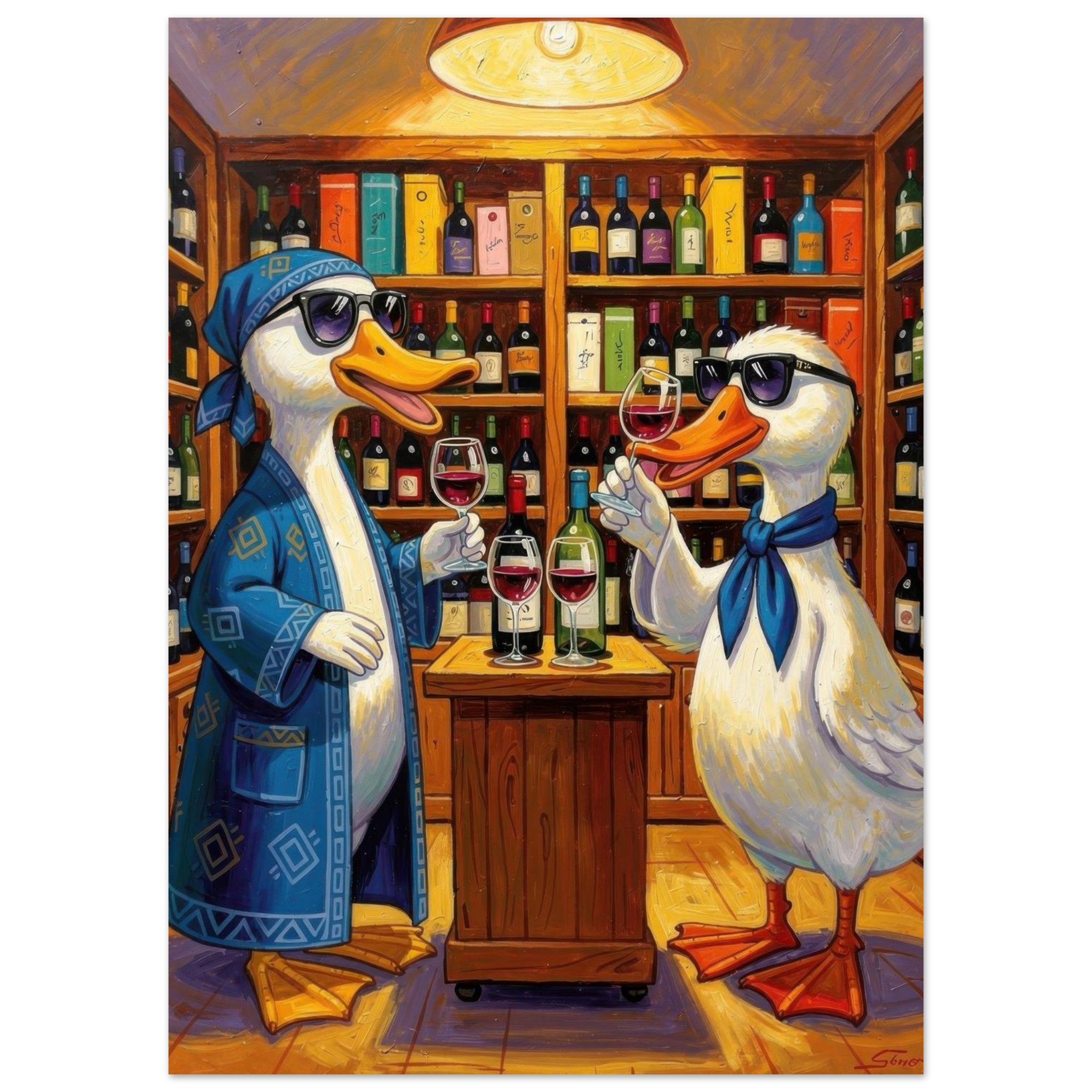 Two anthropomorphic ducks wearing sunglasses and scarves toast with wine glasses in a wooden wine cellar filled with bottles.