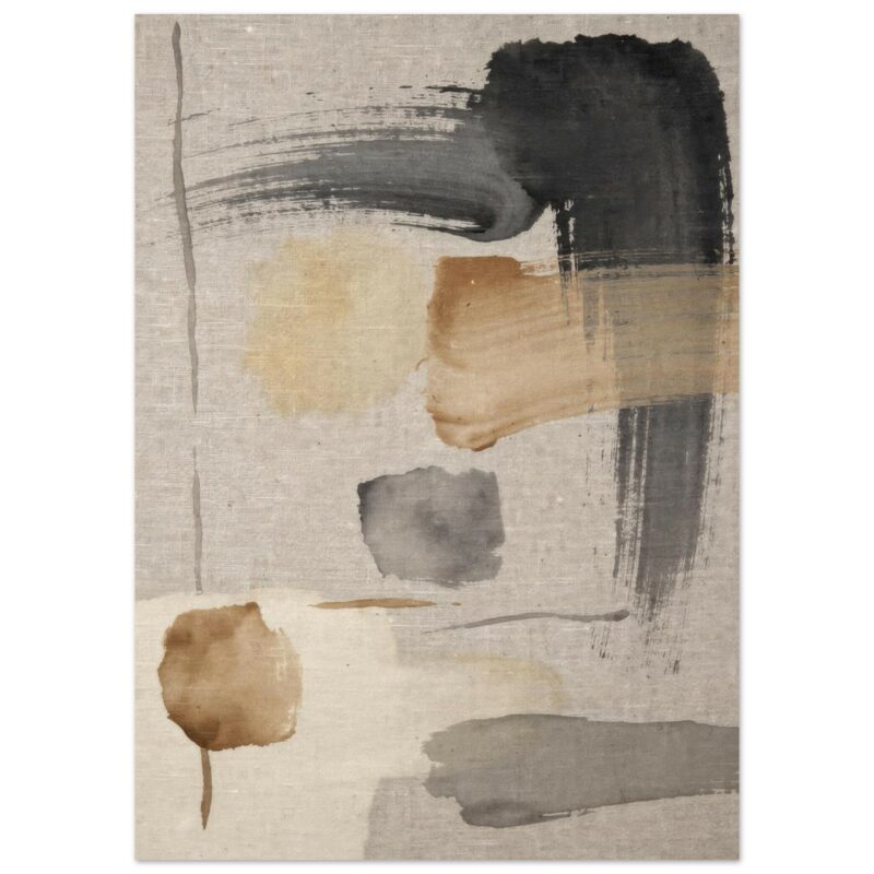 Abstract artwork featuring layered brushstrokes in black, brown, and gray tones on a beige canvas with gestural mark-making and organic shapes.