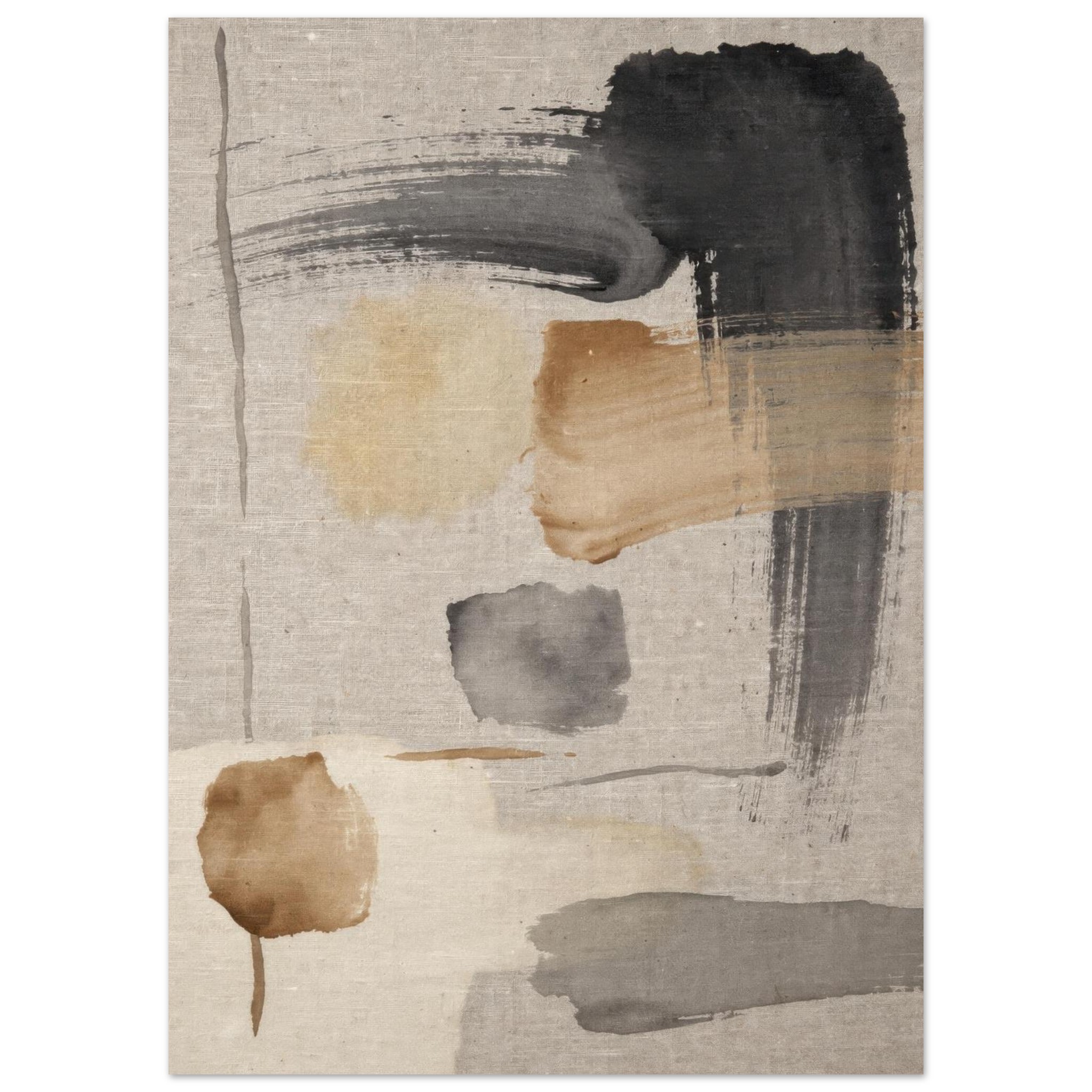Abstract artwork featuring layered brushstrokes in black, brown, and gray tones on a beige canvas with gestural mark-making and organic shapes.