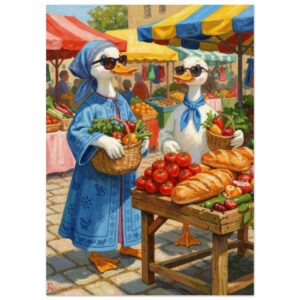 Two anthropomorphic ducks wearing sunglasses and traditional blue clothing shop at a vibrant outdoor market with colorful umbrellas and fresh produce.