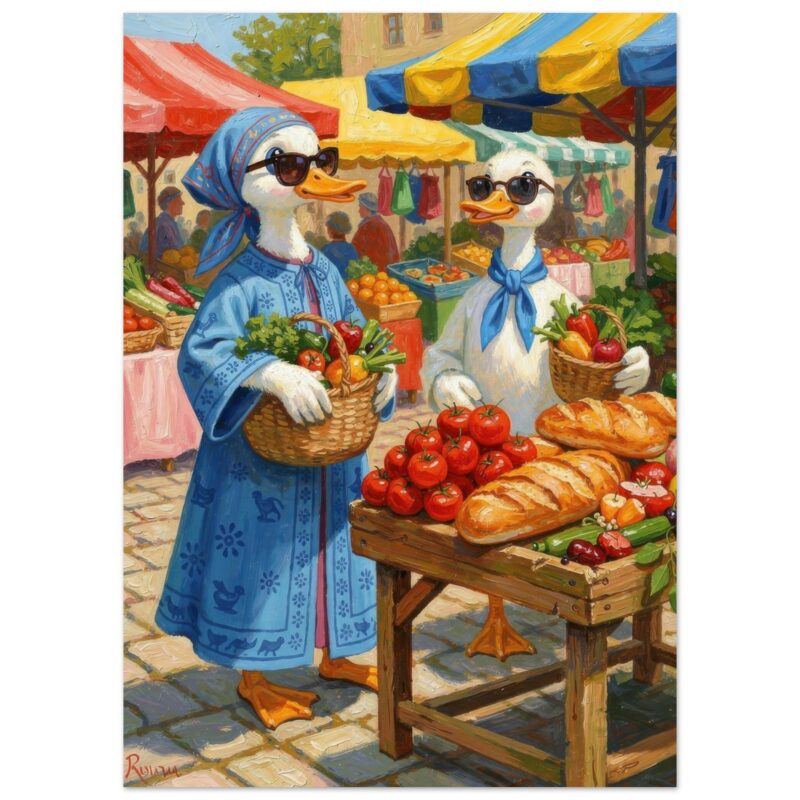 Two anthropomorphic ducks wearing sunglasses and traditional blue clothing shop at a vibrant outdoor market with colorful umbrellas and fresh produce.