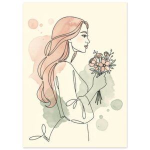 Woman in profile holding flowers, illustrated in line art style with watercolor washes in soft peach and green tones.