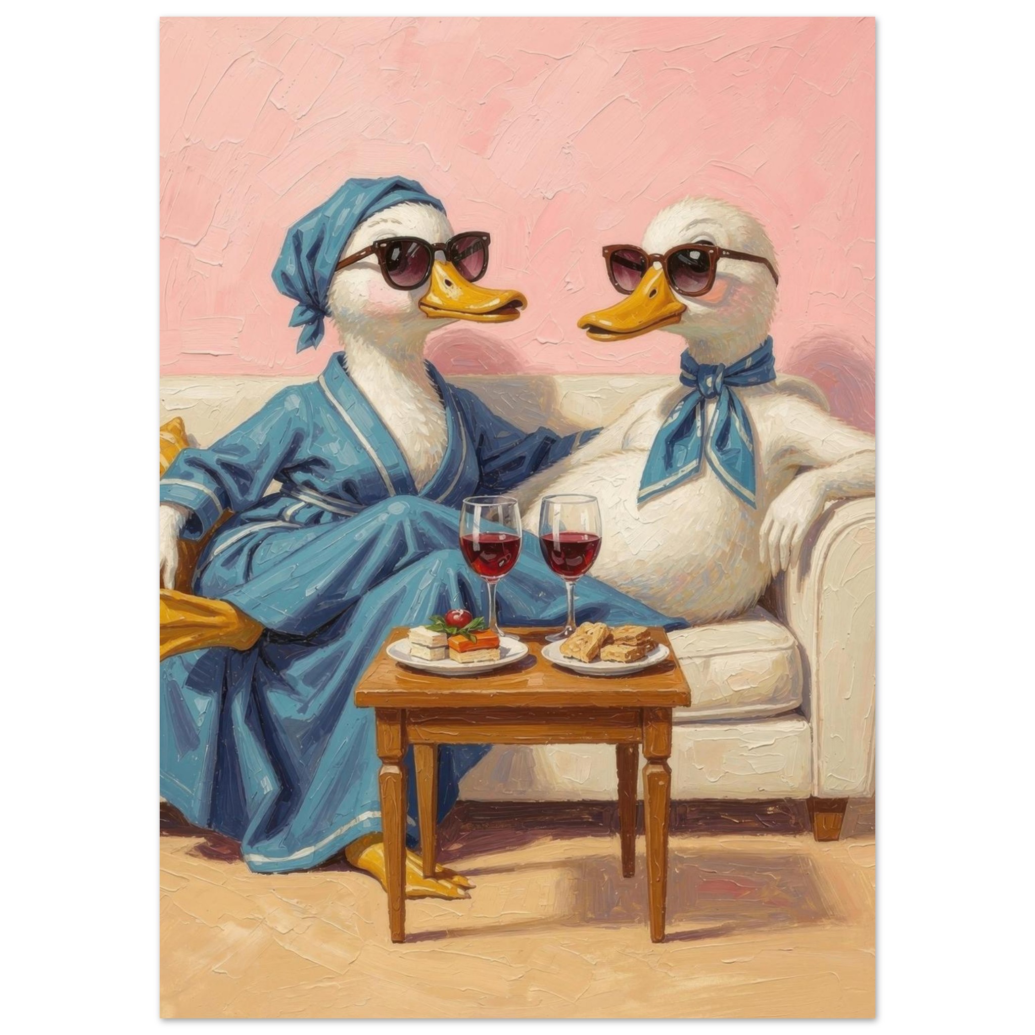 Two anthropomorphic ducks wearing sunglasses and blue robes enjoy wine and snacks on a pink background, lounging on a couch.