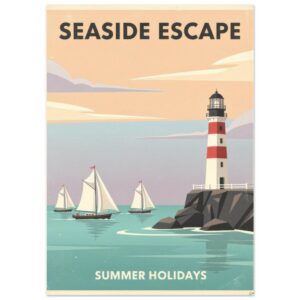 Seaside Escape Vintage Travel Poster - Lighthouse Coastal Wall Art Print