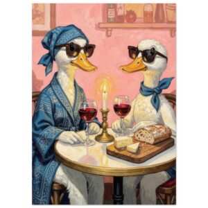 Two anthropomorphic ducks wearing sunglasses share wine and cheese at a candlelit table in a pink-walled room.