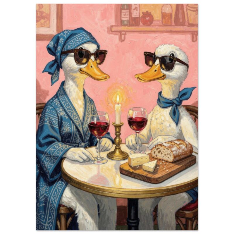 Two anthropomorphic ducks wearing sunglasses share wine and cheese at a candlelit table in a pink-walled room.