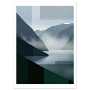 Abstract Geometric Fjord Landscape Wall Art - Modern Scandinavian Mountain Print