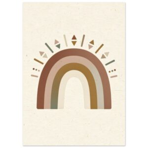 Geometric rainbow illustration in warm earth tones with decorative sun rays and triangular details above, on cream background.