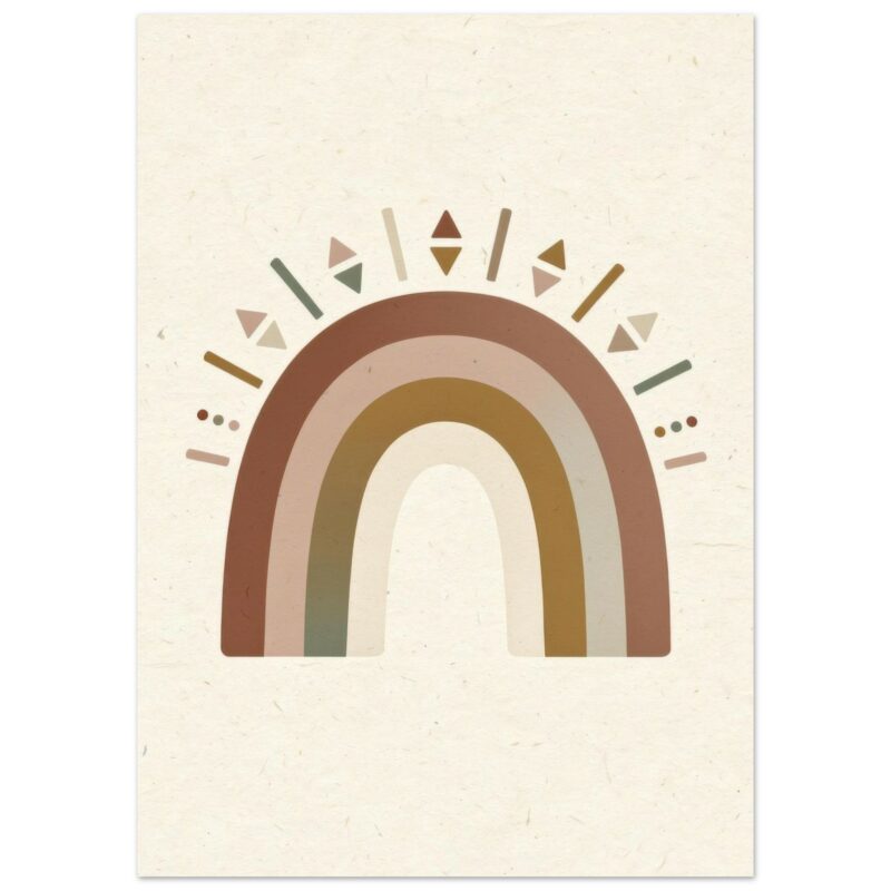 Geometric rainbow illustration in warm earth tones with decorative sun rays and triangular details above, on cream background.